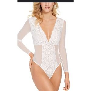 INC International Concepts Long Sleeve Lace Mesh Bodysuit White NEW Large L